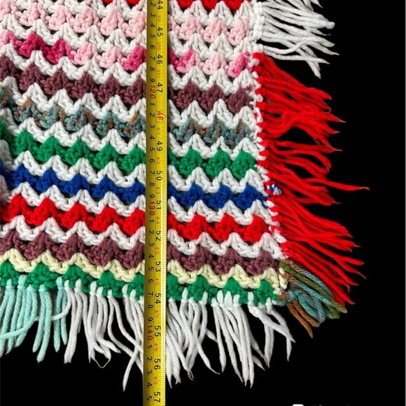 Vintage Afghan Throw Blanket Crocheted Handmade Fringe Rainbow Stripes Retro - Picture 7 of 9